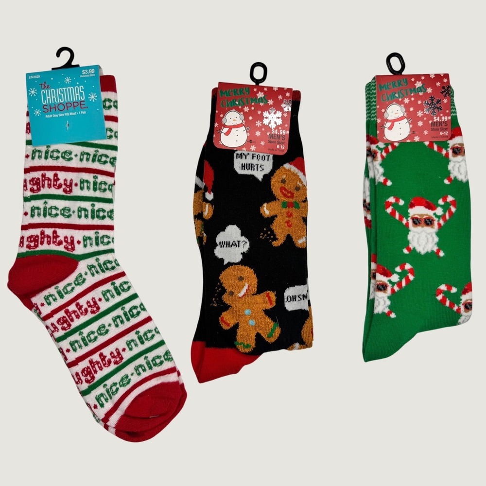 Christmas Socks 3 Pack Naughty Nice Gingerbread Santa Novelty Crew Socks Unisex